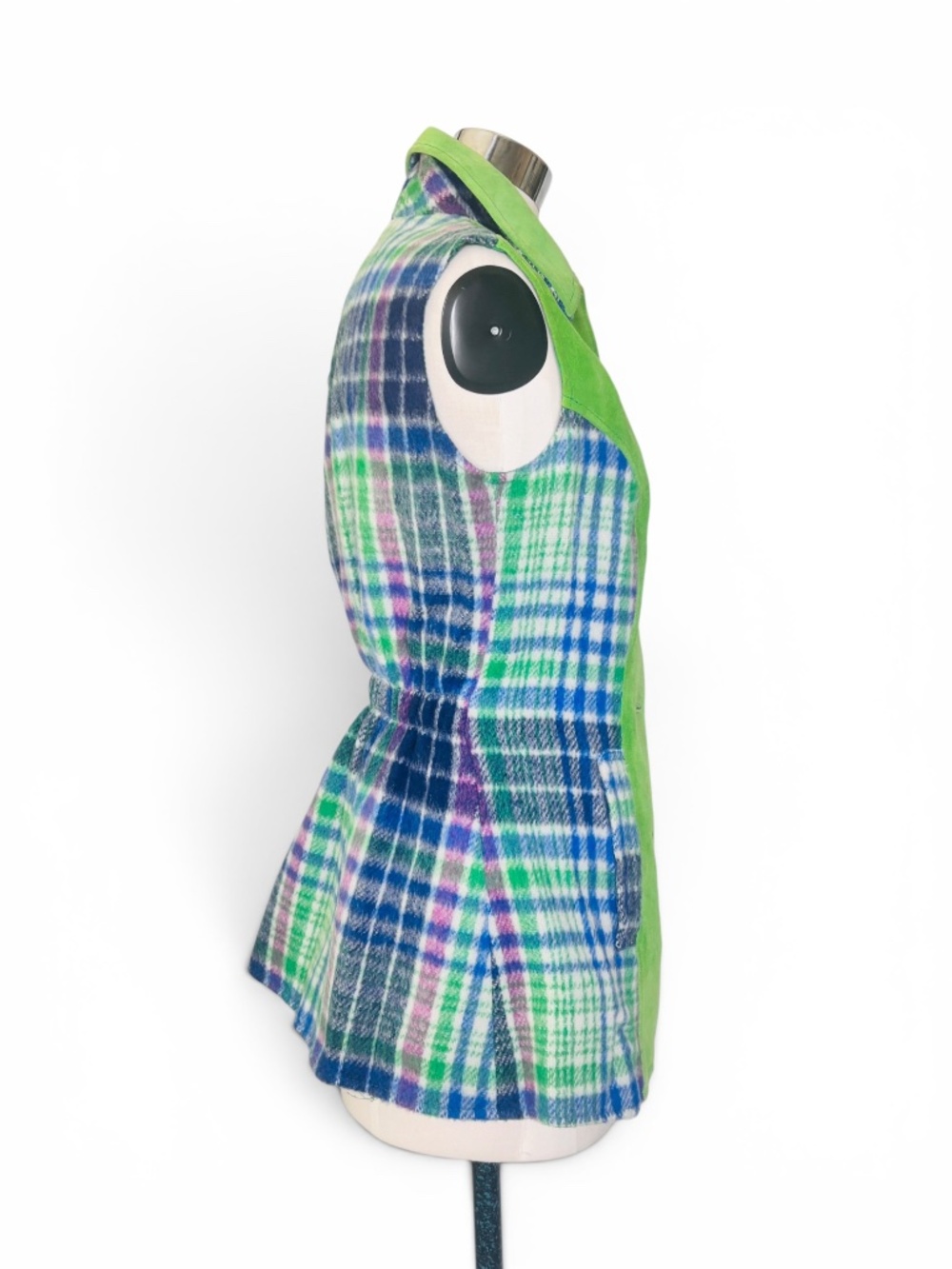 Vintage Pioneer Wear Plaid Wool & Green Suede Cape Vest Set | 1970s Southwestern - Picture 7 of 15